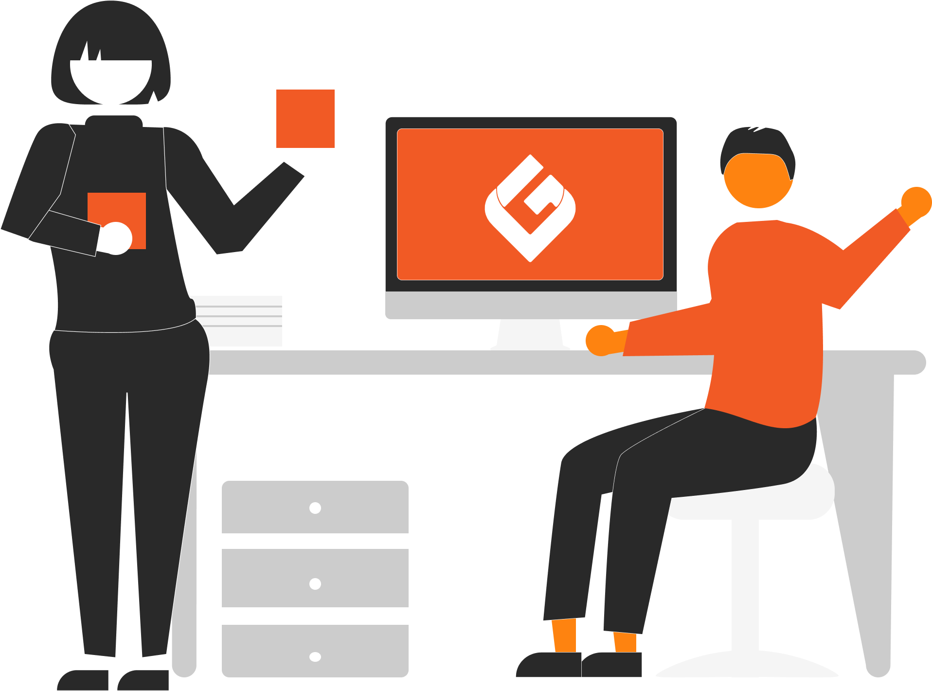 Man and woman using a computer with the LeadGeeks logo